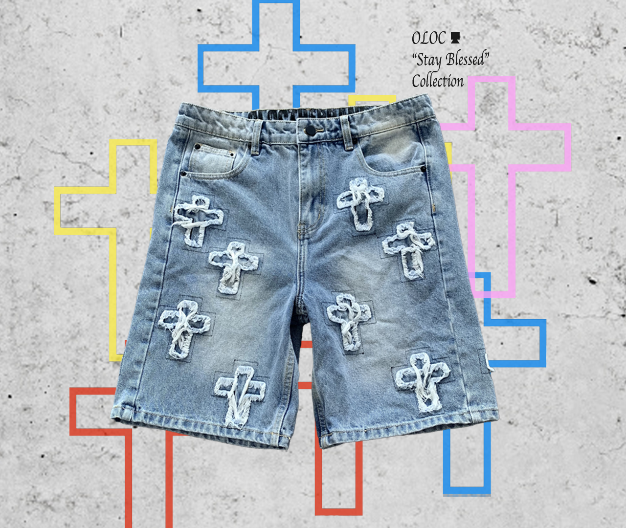 Knee Length Denim Shorts with distress cross patches
