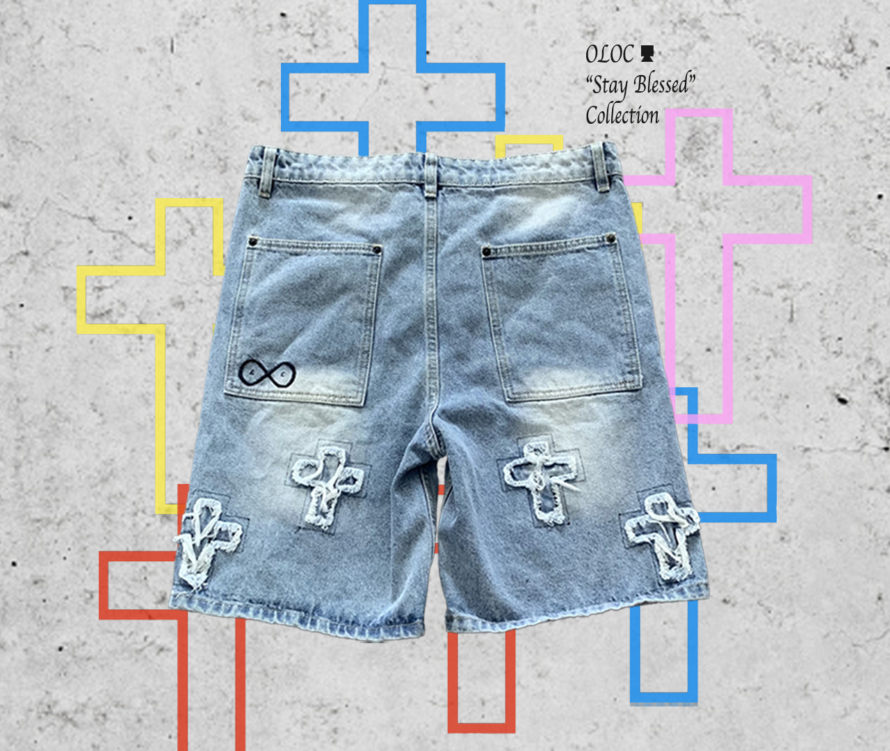 Knee Length Denim Shorts with distress cross patches
