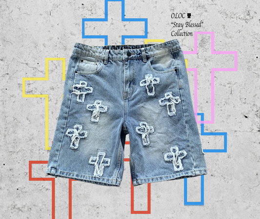 Knee Length Denim Shorts with distress cross patches